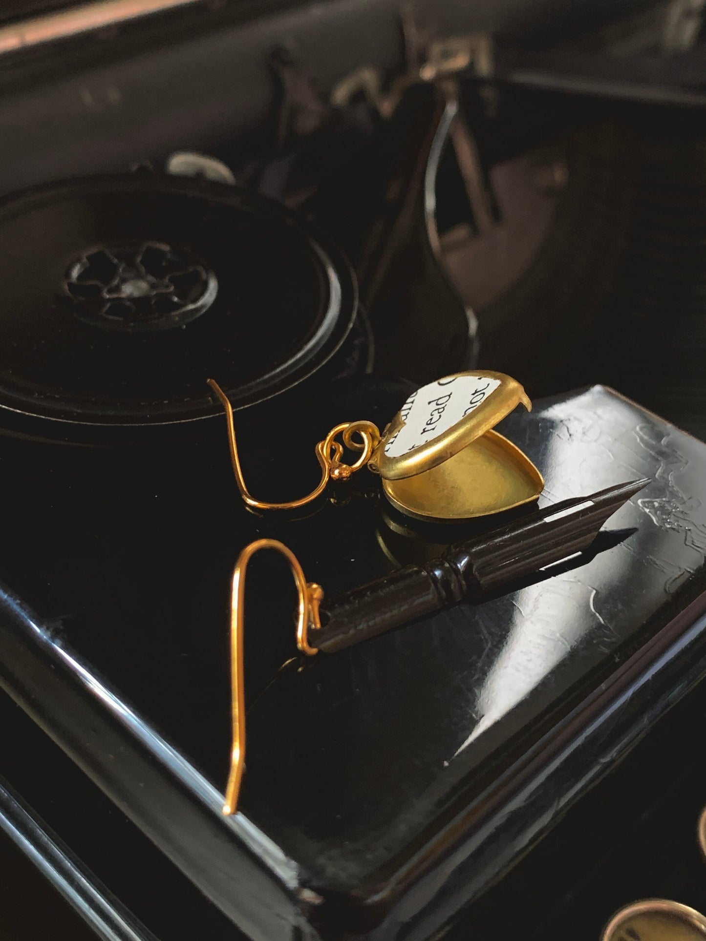 Ink & Quill Mismatched Earrings – Vintage Pen Nib and Heart Locket, For Writers, Poets, and Scholars of the Written Word