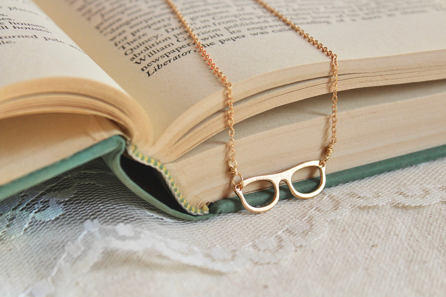 Gold eyeglass charm necklace, librarian gift, bookish jewelry, optical jewelry, optician jewelry, Four Eyes Are Better Than None