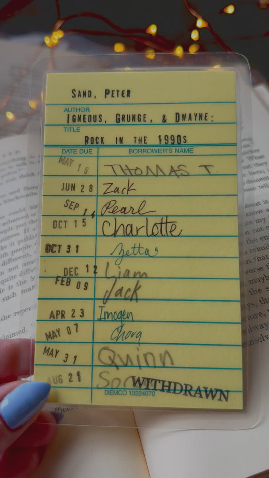Rock in the 1990s yellow library due date card bookmark, laminated